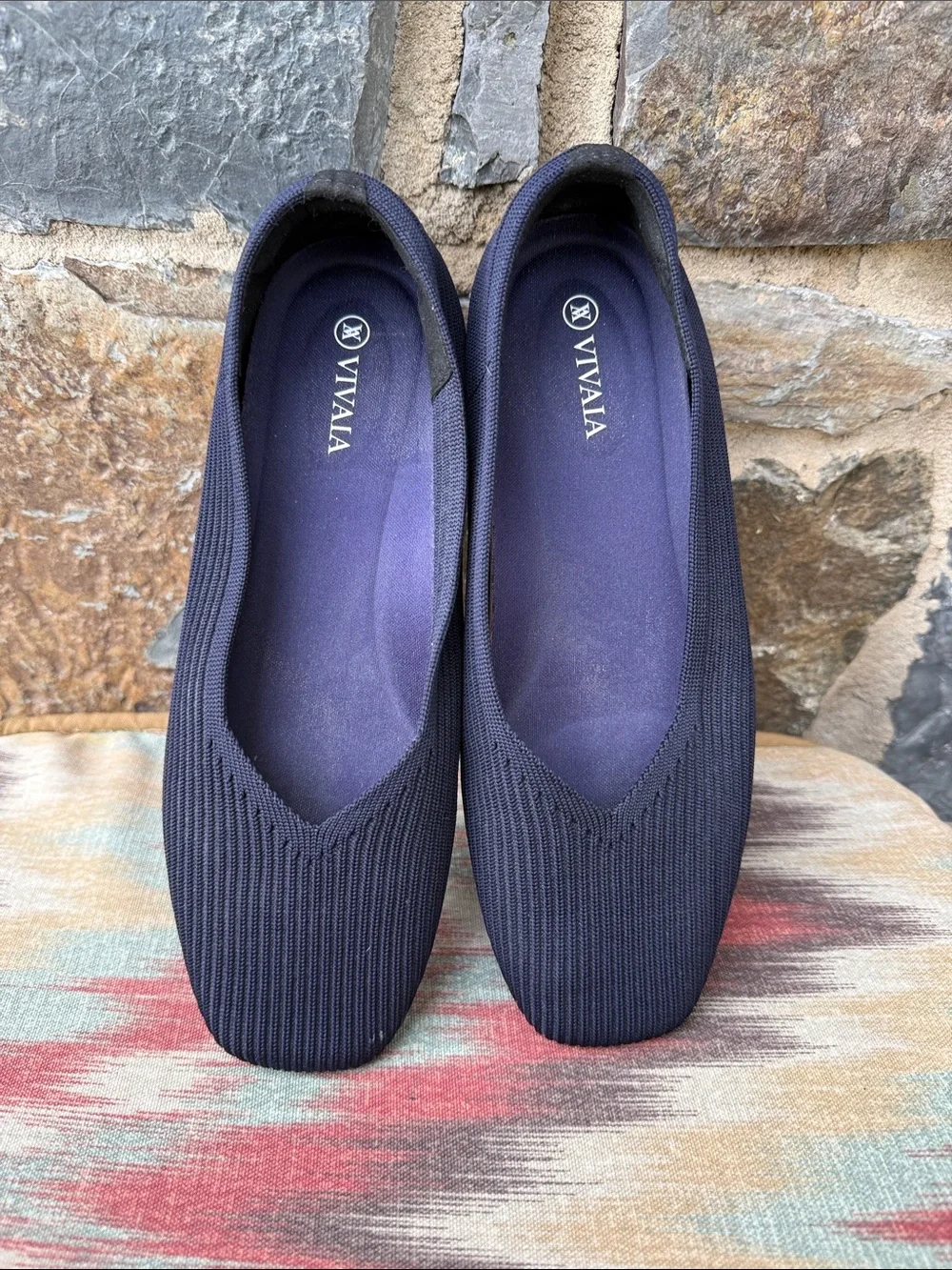 VIVAIA Knit Ballet Flats Navy Blue Pointed Toe Comfort Shoes Women’s 38.5